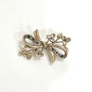 Vintage Estate Multicolor Rhinestone Silver Tone Flower Bow Brooch Pin
